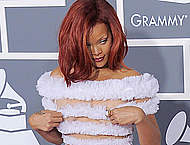 Rihanna in semi-transparent dress at Grammys